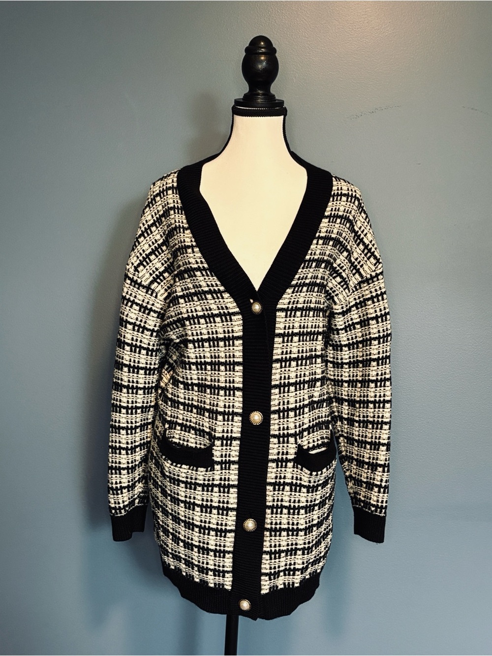 Babaton Black and White Oversized Plaid Cardigan Size XS